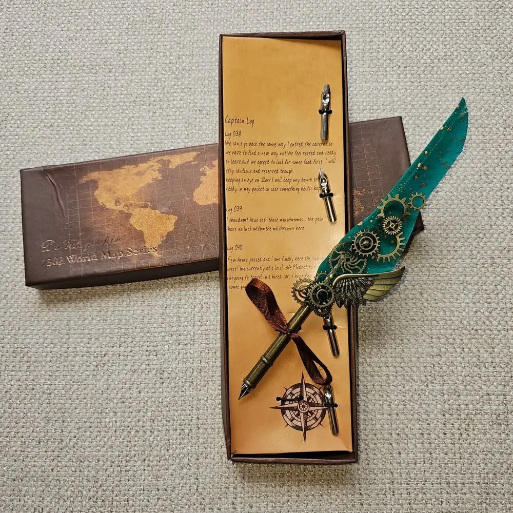 Calligraphy Turquoise Feather Pen with 5 different tips in box (smashed) - Picture 3 of 5